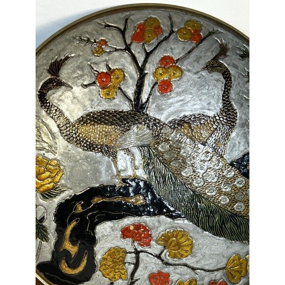 Vintage Cloisonne Enameled Brass Footed Bowl Peacocks & Flowers 9" - Picture 3 of 8